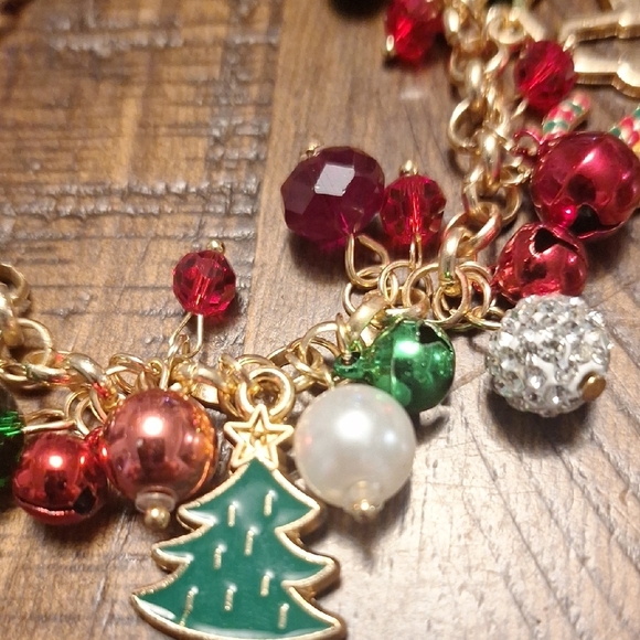 Festive Gold Charm Bracelet with Red and Green Accents And Bells - Picture 2 of 5